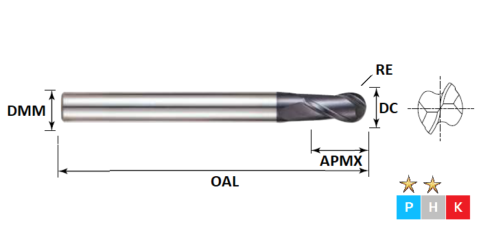 6.0mm 2 Flute Ball Nose Standard Pulsar DMX Carbide Slot Drill